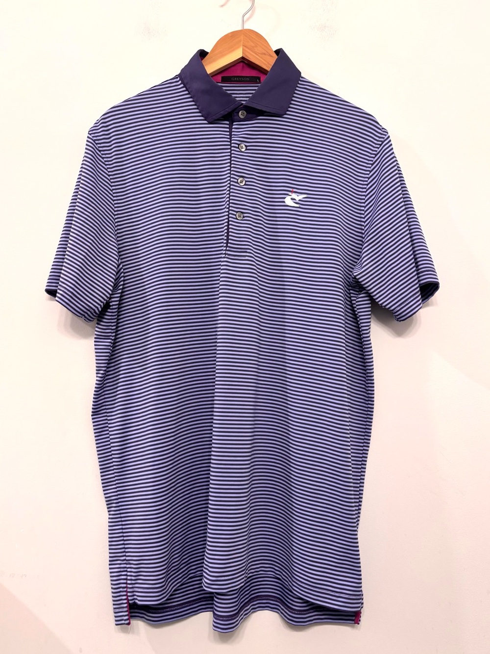 Greyson Polo Shirt Mens Size L Blue Purple Striped Performance Golf Stretch Logo